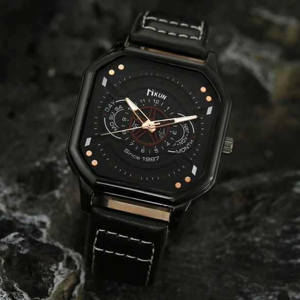 Men's Leisure Alloy And Imitation Leather Square Dial Quartz Watch Bracelet Set