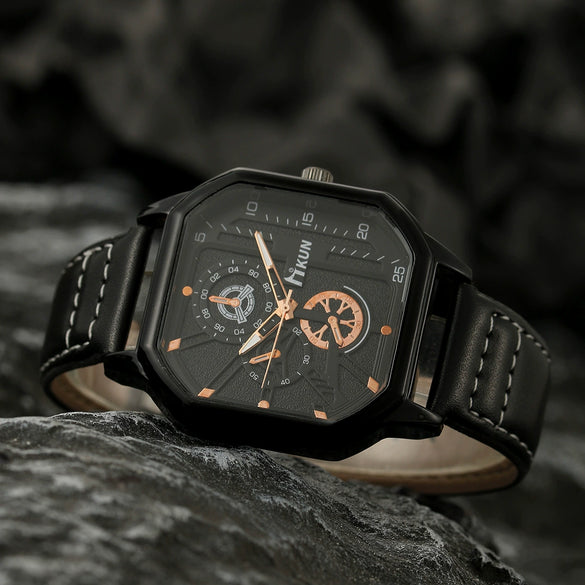 Men's Leisure Alloy And Imitation Leather Square Dial Quartz Watch Bracelet Set