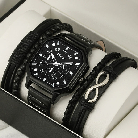 Men's Leisure Alloy And Imitation Leather Square Dial Quartz Watch Bracelet Set