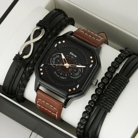 Men's Leisure Alloy And Imitation Leather Square Dial Quartz Watch Bracelet Set