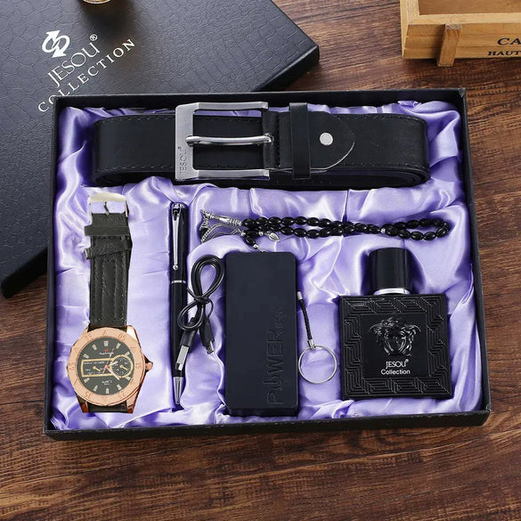 Men's Leisure Alloy And Pu 6Piece Set With Round Dial Watch Belt Pen Necklace Perfume And Charging Treasure