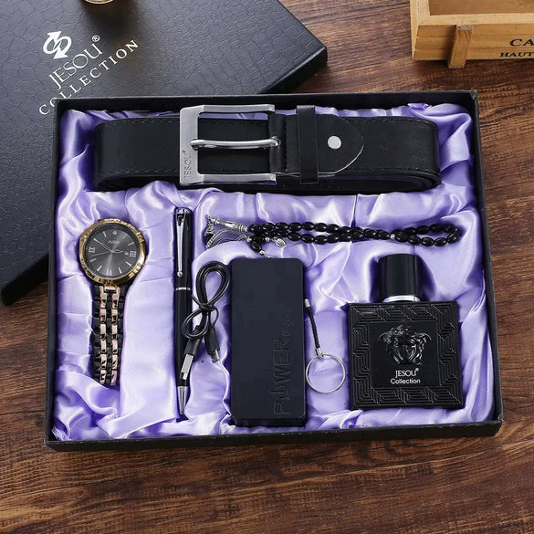 Men's Leisure Alloy And Pu 6Piece Set With Round Dial Watch Belt Pen Necklace Perfume And Charging Treasure