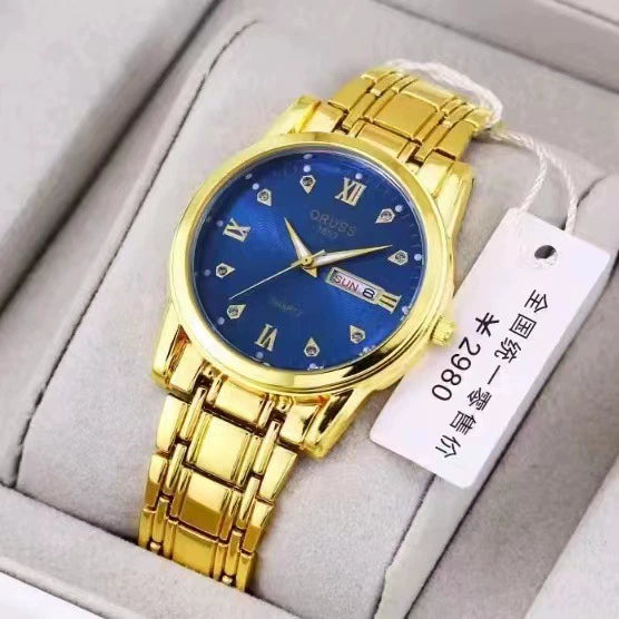 Men's Leisure Alloy Watch With Round Dial Mineral Strengthened Glass Mirror Single Folding Buckle Spiral Crown Fully Automatic Movement Double Calendar Luminous And Waterproof
