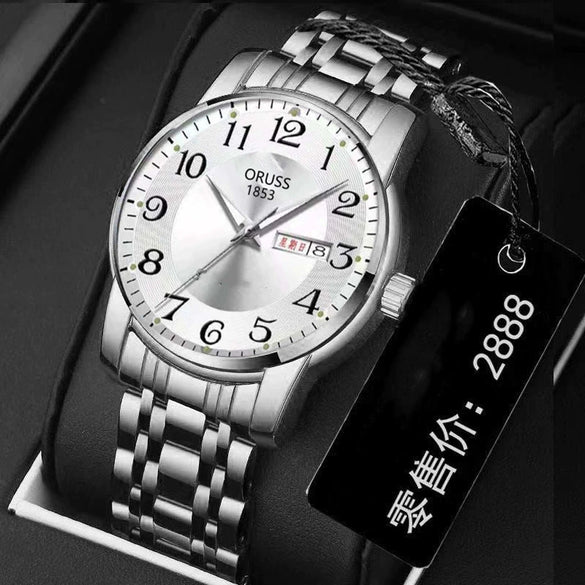 Men's Leisure Alloy Watch With Round Dial Mineral Strengthened Glass Mirror Single Folding Buckle Spiral Crown Fully Automatic Movement Double Calendar Luminous And Waterproof