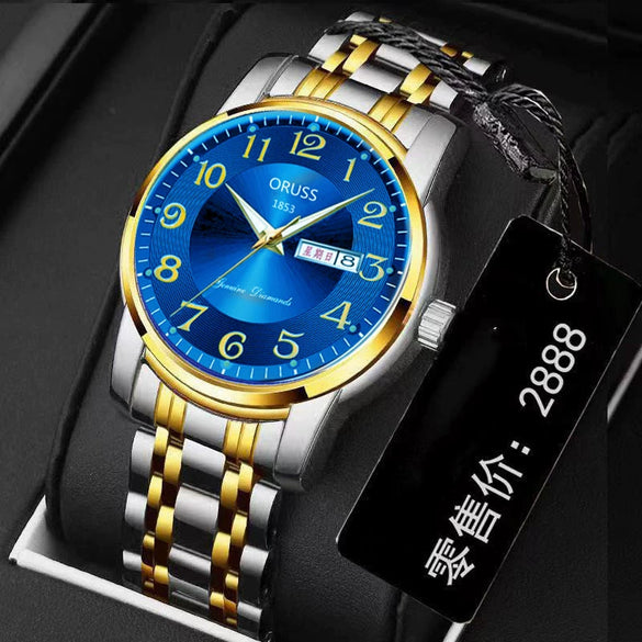Men's Leisure Alloy Watch With Round Dial Mineral Strengthened Glass Mirror Single Folding Buckle Spiral Crown Fully Automatic Movement Double Calendar Luminous And Waterproof