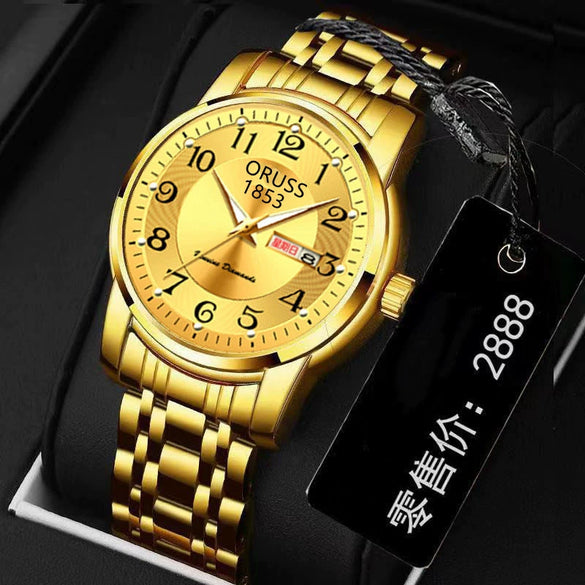 Men's Leisure Alloy Watch With Round Dial Mineral Strengthened Glass Mirror Single Folding Buckle Spiral Crown Fully Automatic Movement Double Calendar Luminous And Waterproof