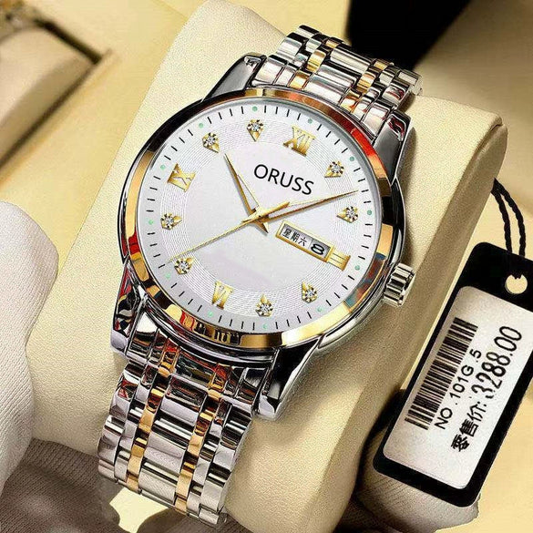 Men's Leisure Alloy Watch With Round Dial Mineral Strengthened Glass Mirror Single Folding Buckle Spiral Crown Fully Automatic Movement Double Calendar Luminous And Waterproof