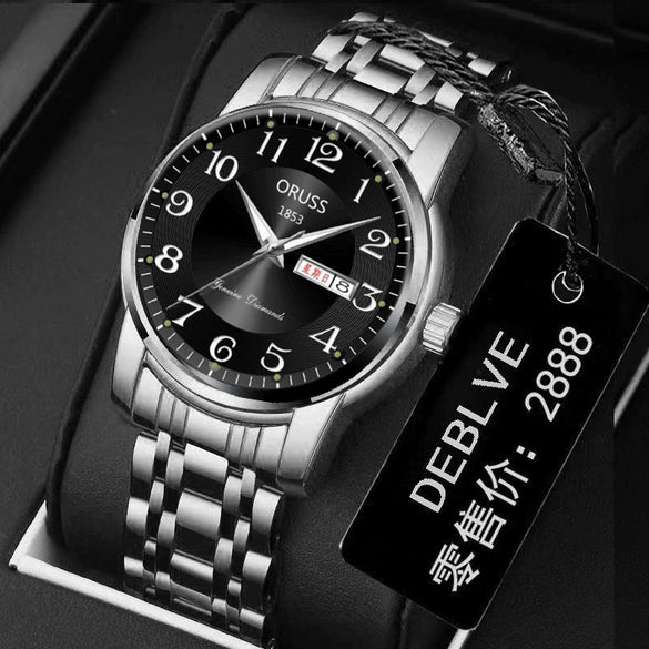 Men's Leisure Alloy Watch With Round Dial Mineral Strengthened Glass Mirror Single Folding Buckle Spiral Crown Fully Automatic Movement Double Calendar Luminous And Waterproof