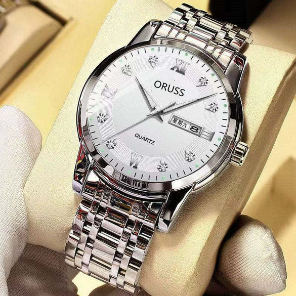 Men's Leisure Alloy Watch With Round Dial Mineral Strengthened Glass Mirror Single Folding Buckle Spiral Crown Fully Automatic Movement Double Calendar Luminous And Waterproof