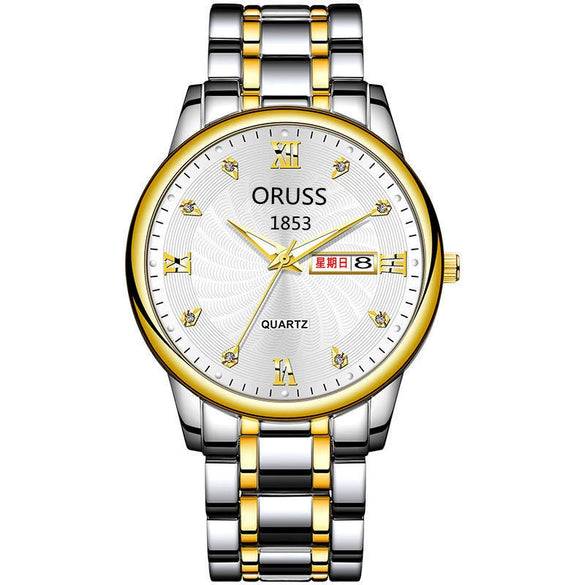 Men's Leisure Alloy Watch With Round Dial Mineral Strengthened Glass Mirror Single Folding Buckle Spiral Crown Fully Automatic Movement Double Calendar Luminous And Waterproof