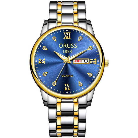 Men's Leisure Alloy Watch With Round Dial Mineral Strengthened Glass Mirror Single Folding Buckle Spiral Crown Fully Automatic Movement Double Calendar Luminous And Waterproof
