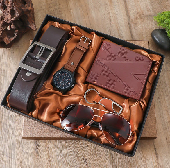 Men's Leisure Gift Set With Alloy Case Imitation Leather Strap Wallet Belt Glasses Watch Round Dial Pin Buckle Stainless Steel Buckle