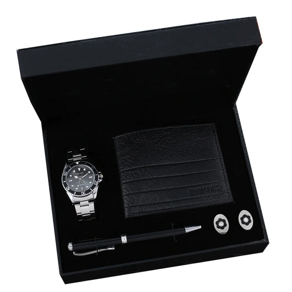 Men's Leisure Gift Set With Alloy Case Imitation Leather Strap Wallet Belt Glasses Watch Round Dial Pin Buckle Stainless Steel Buckle