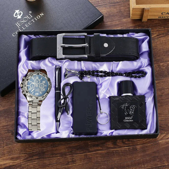 Men's Leisure Gift Set With Alloy Case Imitation Leather Strap Wallet Belt Glasses Watch Round Dial Pin Buckle Stainless Steel Buckle
