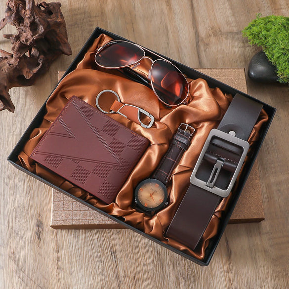 Men's Leisure Gift Set With Alloy Case Imitation Leather Strap Wallet Belt Glasses Watch Round Dial Pin Buckle Stainless Steel Buckle