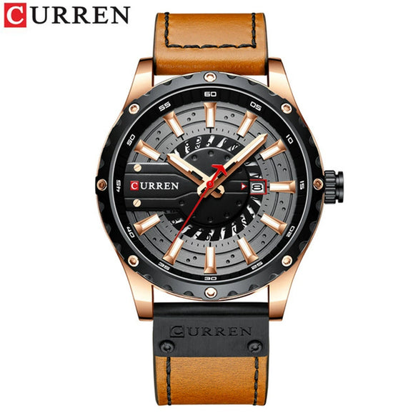 Men's Leisure Metal And Leather Quartz Watch With Stainless Steel Clasp And Round Dial