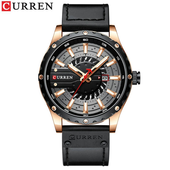 Men's Leisure Metal And Leather Quartz Watch With Stainless Steel Clasp And Round Dial