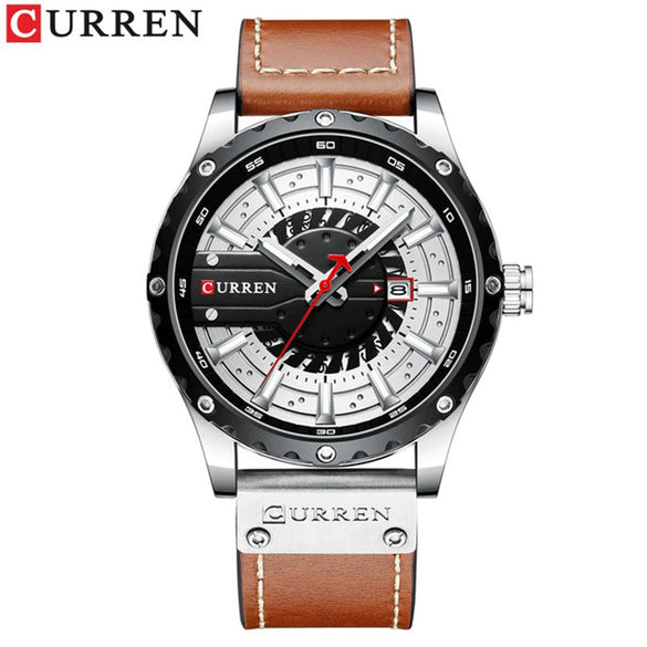 Men's Leisure Metal And Leather Quartz Watch With Stainless Steel Clasp And Round Dial