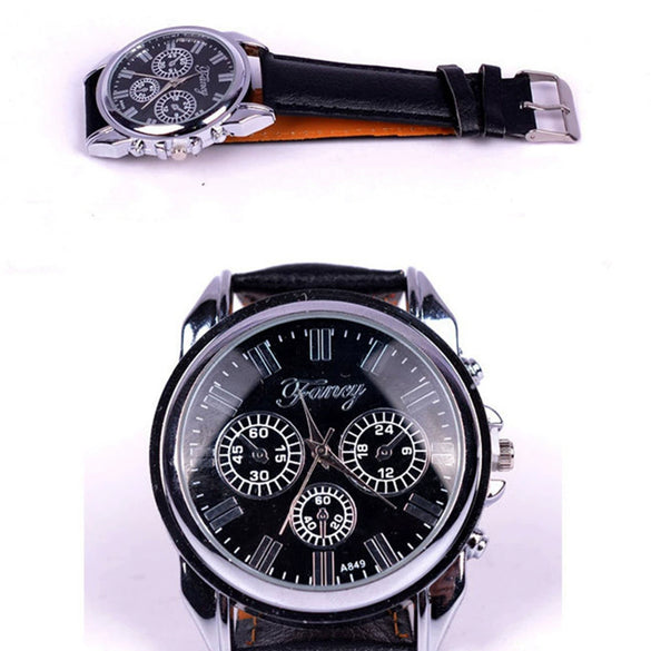 Men's Leisure Round Alloy Case Pu Strap Quartz Watch Gift Set