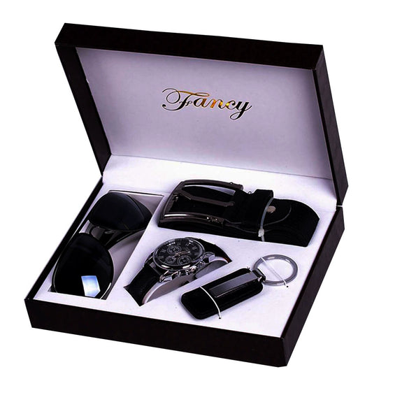 Men's Leisure Round Alloy Case Pu Strap Quartz Watch Gift Set
