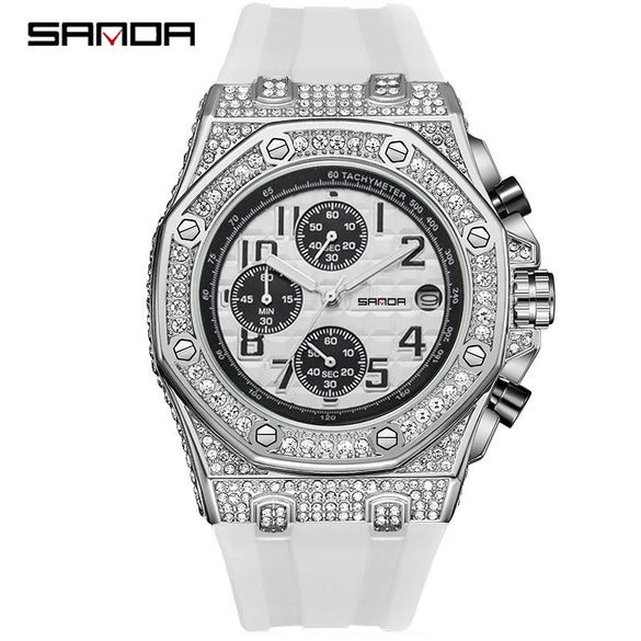Men's Leisure Silicone Quartz Watch With Alloy Case Tpu Strap Stainless Steel Clasp Round Diamond Dial And Calendar Three Eyes And Six Needles