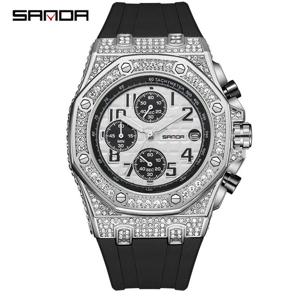 Men's Leisure Silicone Quartz Watch With Alloy Case Tpu Strap Stainless Steel Clasp Round Diamond Dial And Calendar Three Eyes And Six Needles