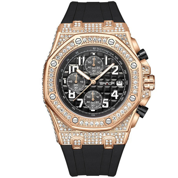 Men's Leisure Silicone Quartz Watch With Alloy Case Tpu Strap Stainless Steel Clasp Round Diamond Dial And Calendar Three Eyes And Six Needles
