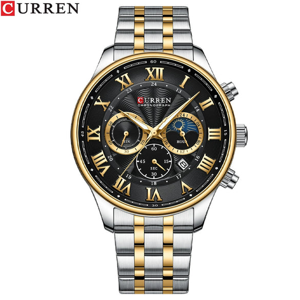 Men's Leisure Steel Band Quartz Calendar Chronograph Watch With Round Dial