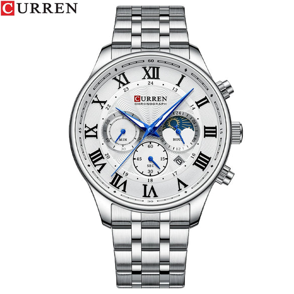 Men's Leisure Steel Band Quartz Calendar Chronograph Watch With Round Dial
