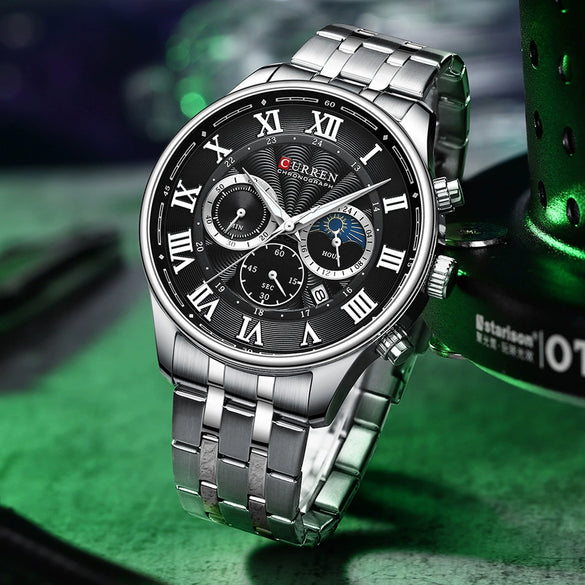 Men's Leisure Steel Band Quartz Calendar Chronograph Watch With Round Dial