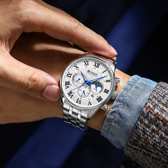 Men's Leisure Steel Band Quartz Calendar Chronograph Watch With Round Dial
