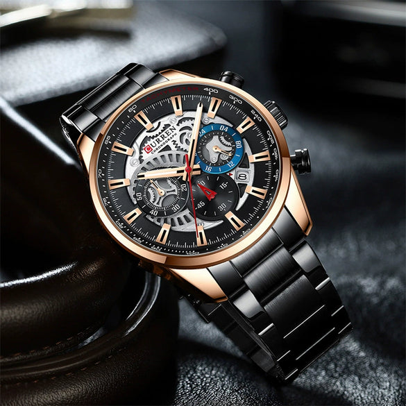 Men's Leisure Steel Band Quartz Multifunctional Luminous Round Dial Watch