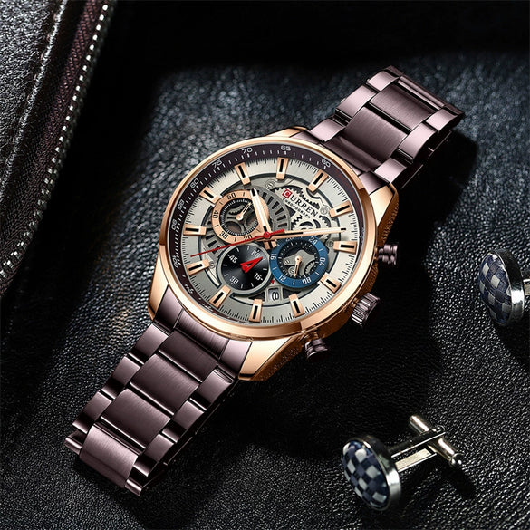 Men's Leisure Steel Band Quartz Multifunctional Luminous Round Dial Watch