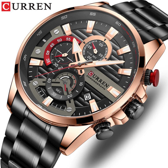 Men's Leisure Steel Band Quartz Multifunctional Round Dial Wristwatch