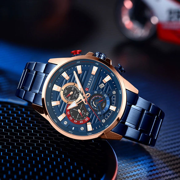 Men's Leisure Steel Band Quartz Multifunctional Round Dial Wristwatch