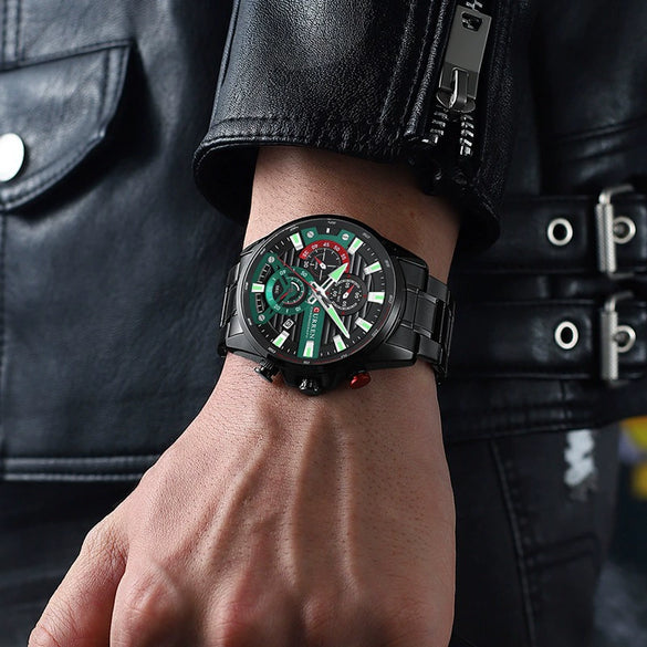 Men's Leisure Steel Band Quartz Multifunctional Round Dial Wristwatch