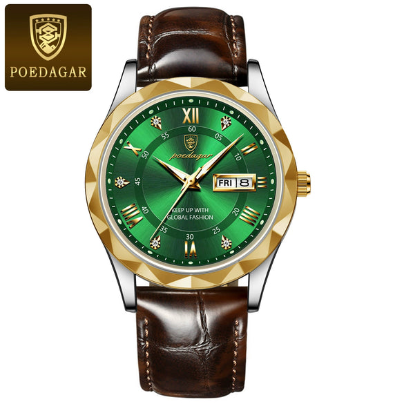 Men's Leisure Waterproof Quartz Watch With Alloy Case Genuine Leather Strap And Stainless Steel Buckle Round Dial