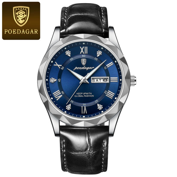 Men's Leisure Waterproof Quartz Watch With Alloy Case Genuine Leather Strap And Stainless Steel Buckle Round Dial