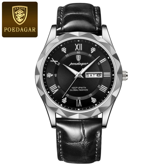 Men's Leisure Waterproof Quartz Watch With Alloy Case Genuine Leather Strap And Stainless Steel Buckle Round Dial