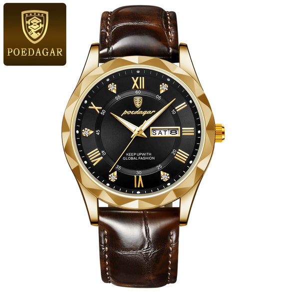 Men's Leisure Waterproof Quartz Watch With Alloy Case Genuine Leather Strap And Stainless Steel Buckle Round Dial