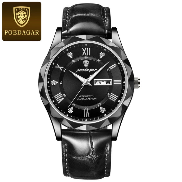Men's Leisure Waterproof Quartz Watch With Alloy Case Genuine Leather Strap And Stainless Steel Buckle Round Dial