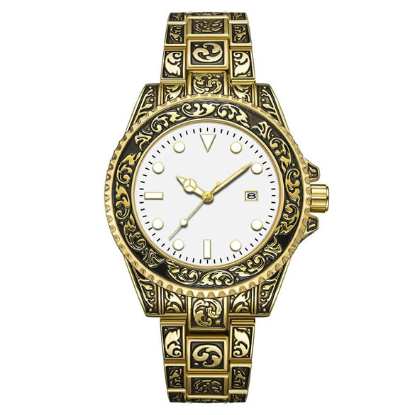 Men's Luminous Calendar Retro Carved Art Watch Metal Mineral Strengthened Glass Round Dial