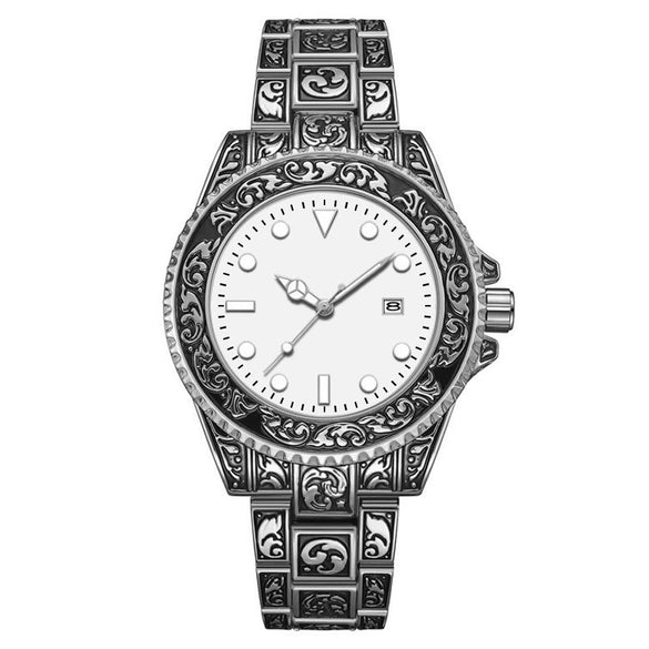 Men's Luminous Calendar Retro Carved Art Watch Metal Mineral Strengthened Glass Round Dial