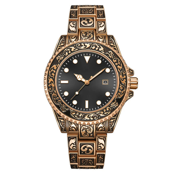 Men's Luminous Calendar Retro Carved Art Watch Metal Mineral Strengthened Glass Round Dial