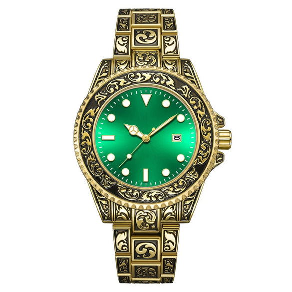 Men's Luminous Calendar Retro Carved Art Watch Metal Mineral Strengthened Glass Round Dial