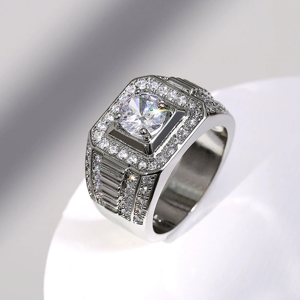 Men's Luxury Domineering Ring Copper Silver Plated With Simulated Zircon And Geometric Design