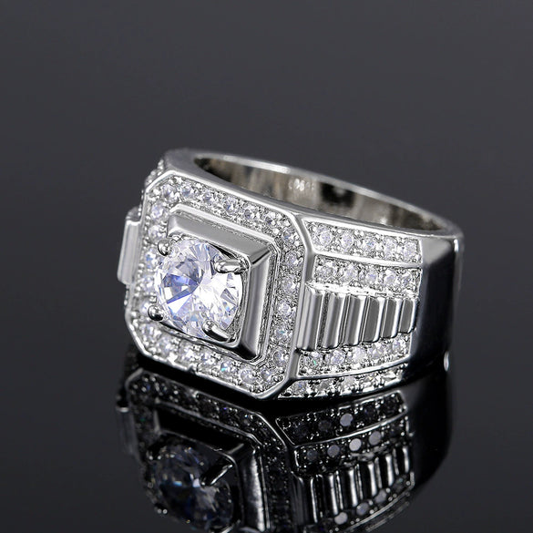 Men's Luxury Domineering Ring Copper Silver Plated With Simulated Zircon And Geometric Design