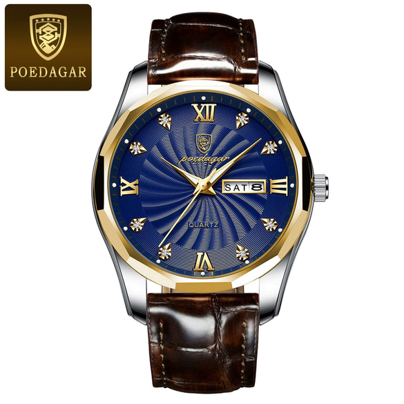 Men's Luxury Fashion Waterproof Luminous Quartz Watch Alloy Case Genuine Leather Strap Round Dial Mineral Reinforced Glass Mirror