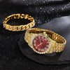 Men's Luxury Quartz Watch And Cuban Bracelet Set With Diamond Accent Round Dial Alloy Strap And Stainless Steel Clasp