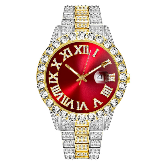 Men's Luxury Quartz Watch And Cuban Bracelet Set With Diamond Accent Round Dial Alloy Strap And Stainless Steel Clasp